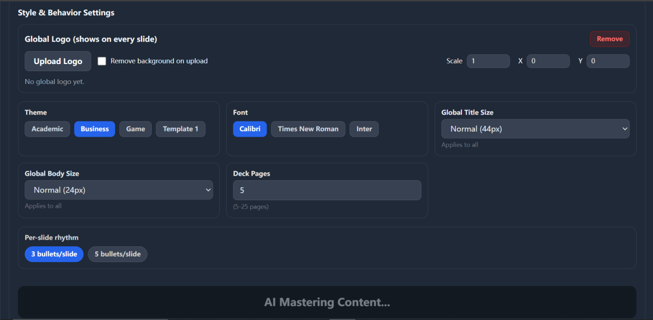 Style and behavior settings and the AI Generate Deck button