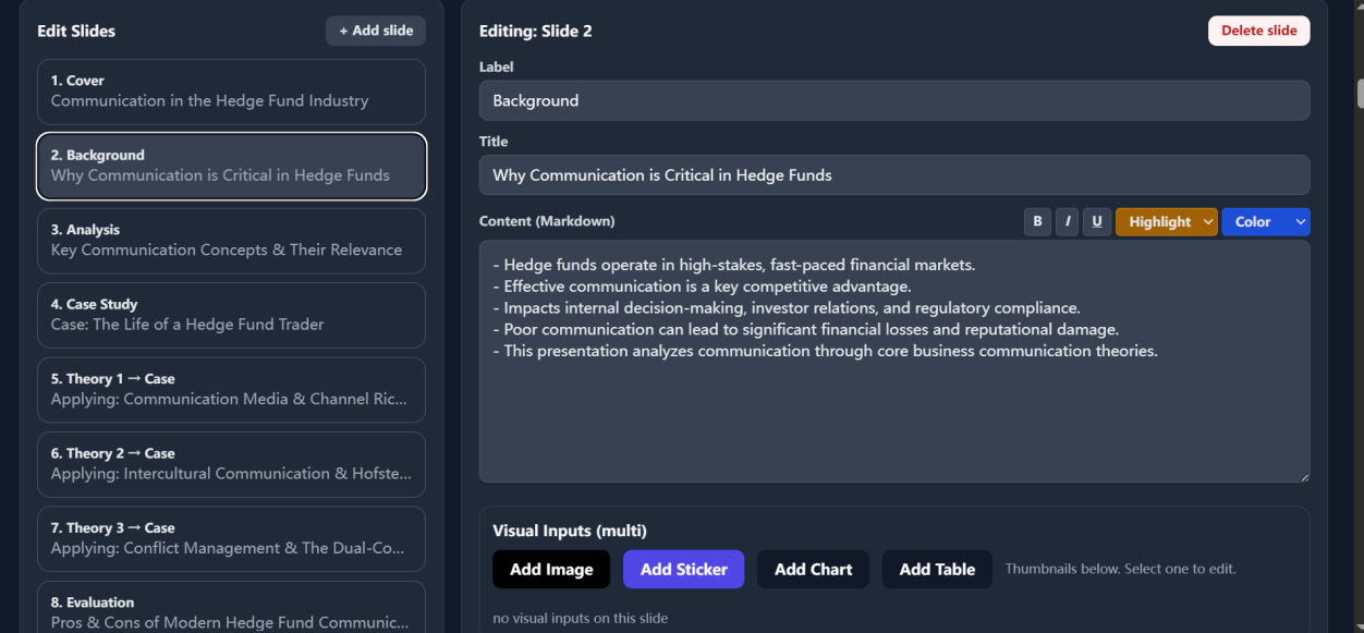 Individual slide editing interface